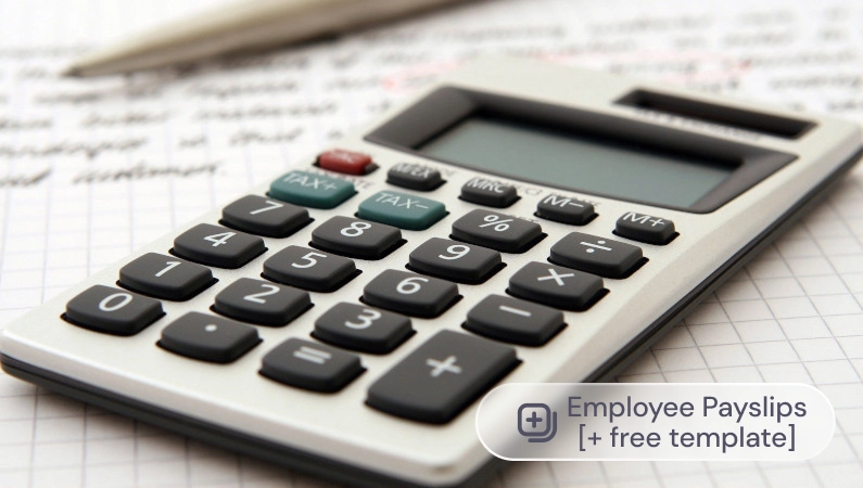 A calculator, with the label: Employee Payslips + Free Template