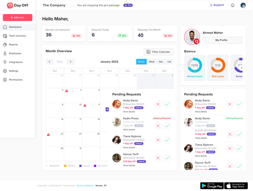 Day off dashboard for time off management