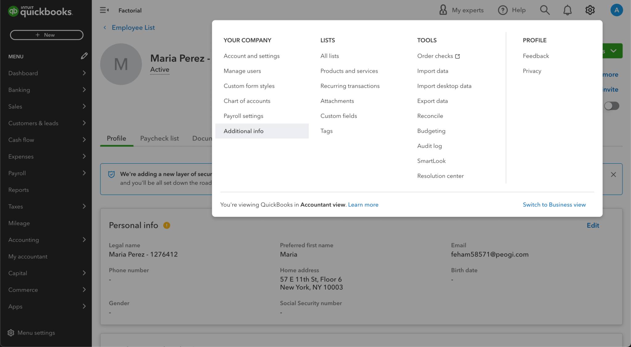 Payroll Integration with QuickBooks Payroll Online - Factorial