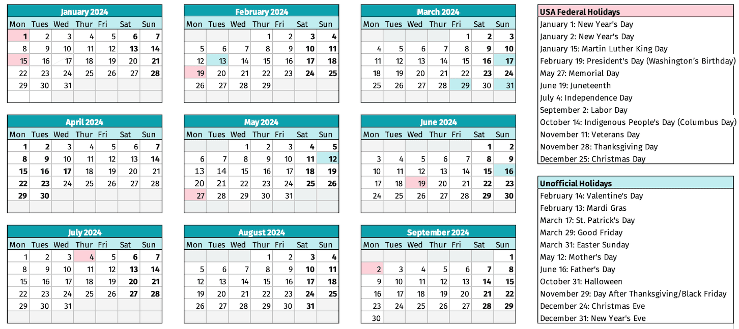 2024 Federal Holidays Holiday Calendar Free Template Factorial