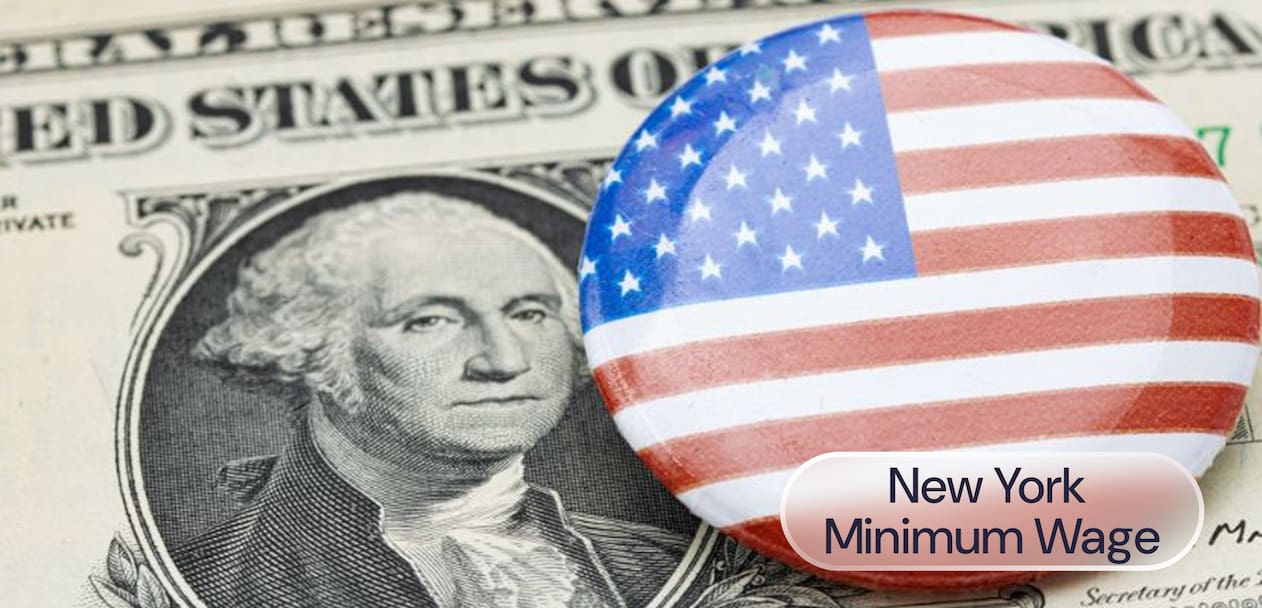 A dollar bill with a badge of the US flag, label reads: New York Minimum Wage