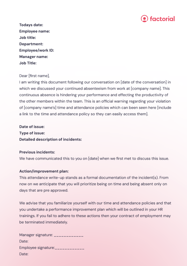 A PDF example of an attendance write up letter to give to an employee