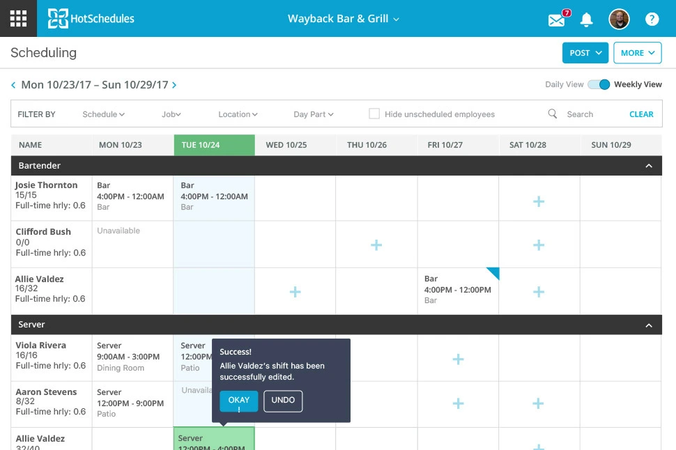 Screenshot of HotSchedules interface