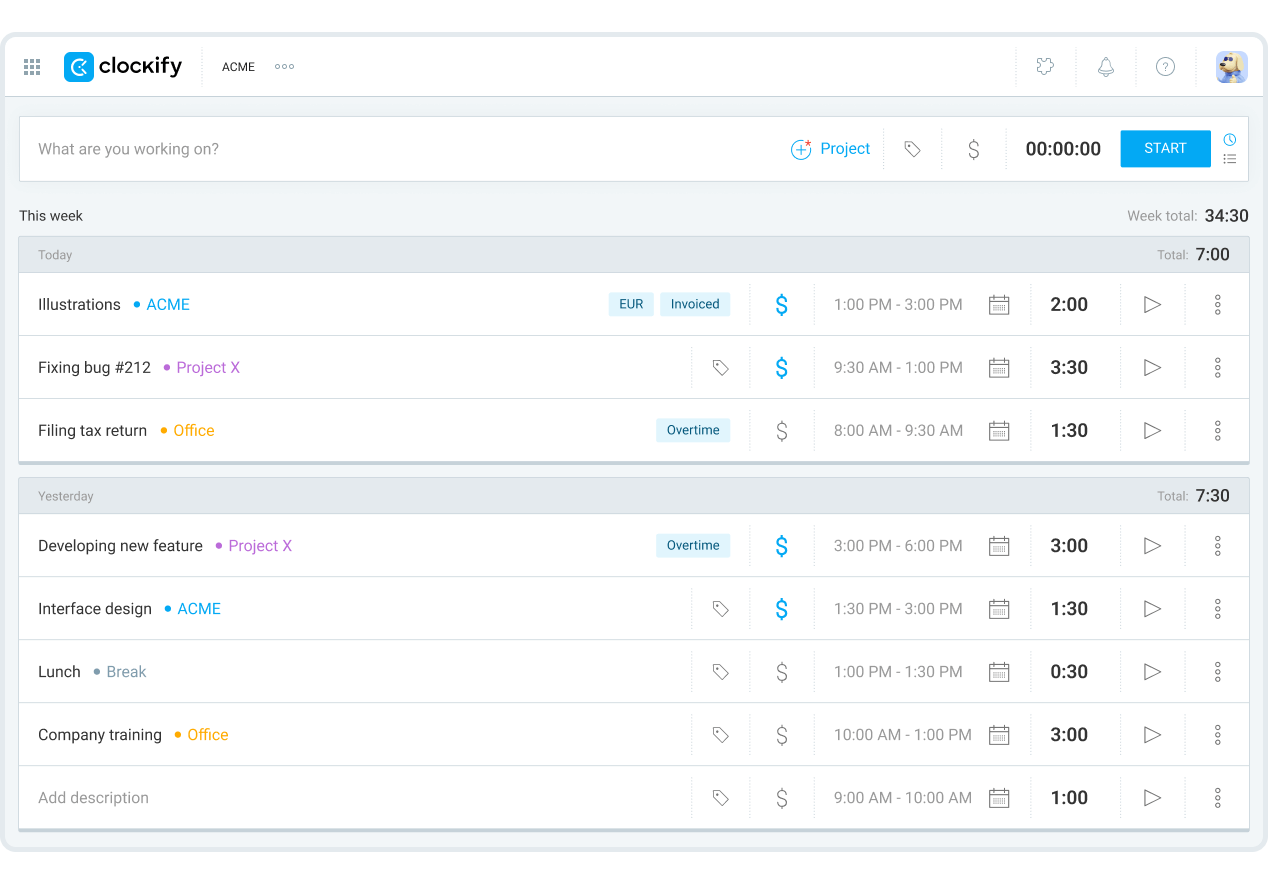clockify offline time tracker dashboard