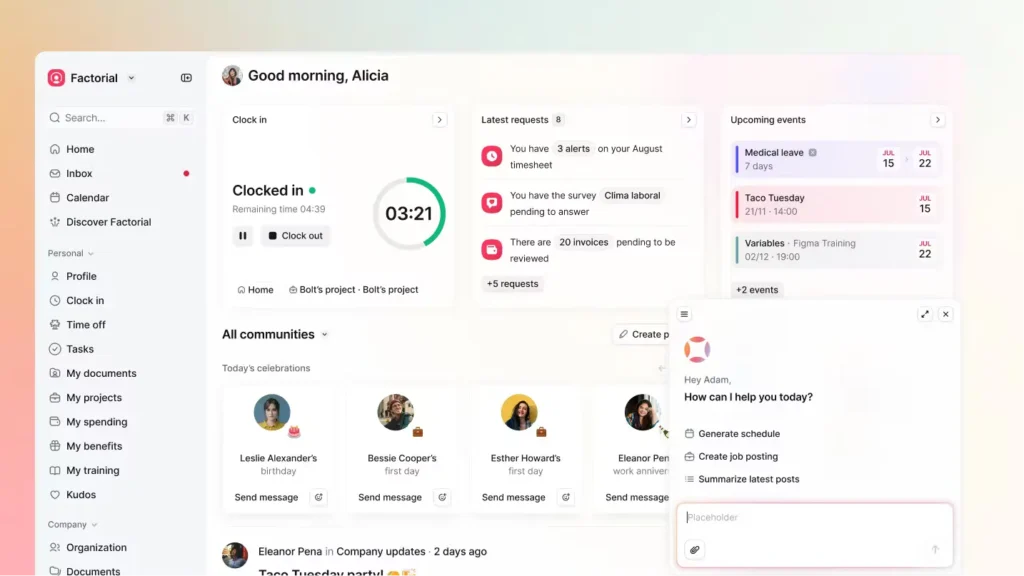 factorial dashboard with time clock