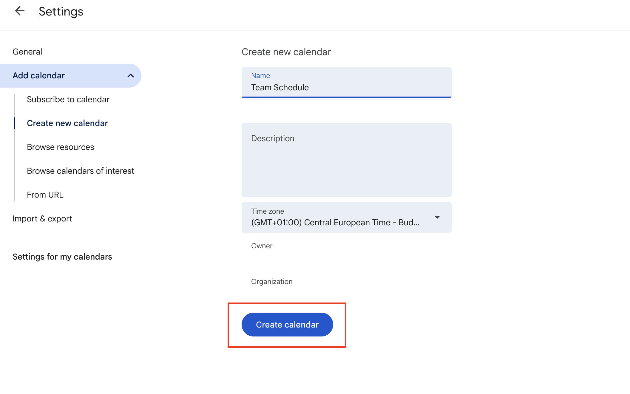 create calendar in google calendar